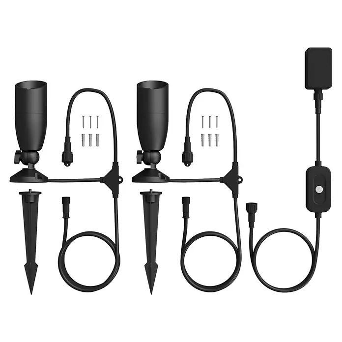 Philips Wiz LED-Gartenstrahler Starterset - IP65, LED, 2 Stk. - Ein Set von zwei schwarzen Gartenstrahlern mit Erdspießen, Verbindungsstücken und einem Schalter zur Beleuchtung im Außenbereich.