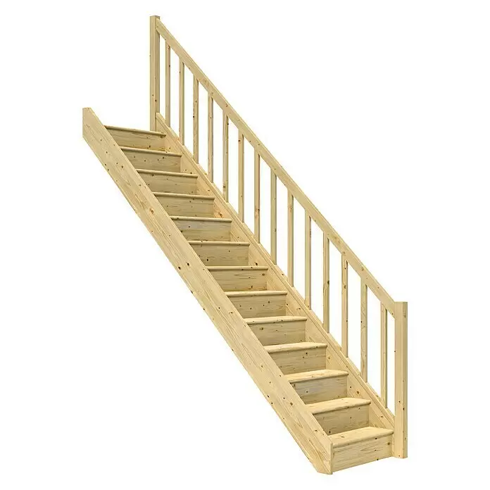 Dolle Raumspartreppe Paris - Breite: 83,5 mm, Fichte, Unbehandelt, Geschosshöhe: 280,5 cm, Gerade, Rechteckstäbe Holz, Mit Setzstufen - Natürliche Holztreppe mit komplettem Geländer.
