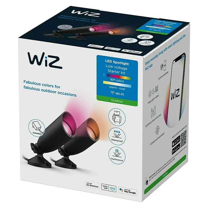 Philips Wiz LED-Gartenstrahler Starterset - IP65, LED, 2 Stk. - Karton mit WiZ LED-Strahlern für den Außenbereich mit 16 Millionen Farben, wasserdicht und wetterfest für eine smarte Beleuchtung.