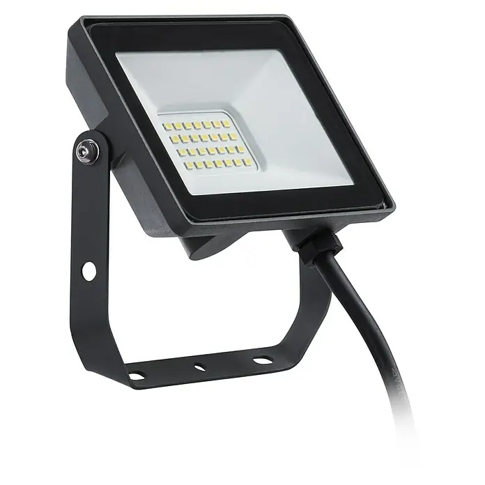 Philips Proyector LED Project Line - 30 W, Negro, Blanco neutro - Esta imagen muestra un reflector LED en una carcasa negra con un soporte de montaje, ideal para exteriores e iluminación.