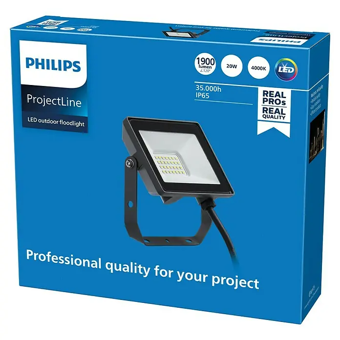 Philips Proyector LED Project Line - 20 W, Negro, Blanco neutro - Imagen de un paquete de foco LED para exteriores Philips ProjectLine, destacando la calidad profesional y la alta luminosidad.