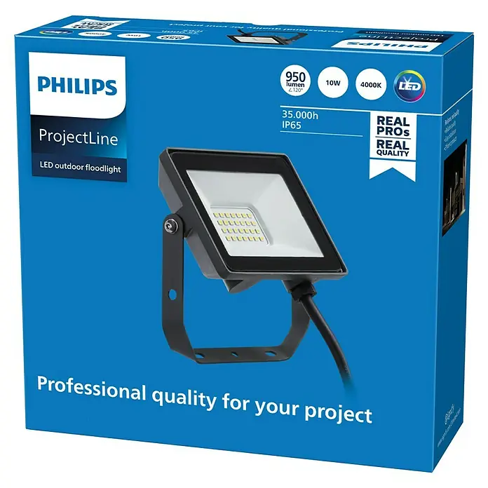 Philips Proyector LED Project Line - 10 W, Negro, Blanco neutro - Embalaje de un foco LED para exteriores Philips ProjectLine con 950 lúmenes, 10W de potencia y 4000K de temperatura de color.