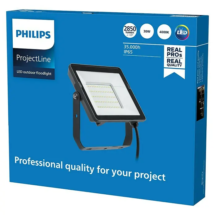 Philips Proyector LED Project Line - 30 W, Negro, Blanco neutro - Imagen de un foco LED para exteriores Philips ProjectLine, que muestra calidad profesional e iluminación exterior energéticamente eficiente.