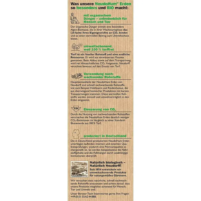 Neudorff NeudoHum Aussaat- & Kräutererde - 20 l, Torffrei - Informationen zur NeudoHum® Erde: Organischer Dünger, torffrei, nachwachsende Rohstoffe, CO2-Einsparung und Produktion in Deutschland.