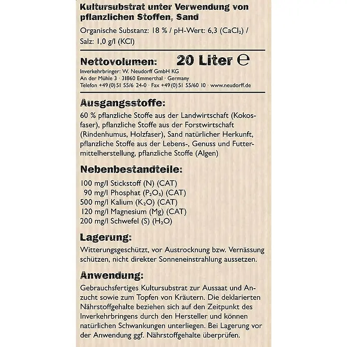 Neudorff NeudoHum Aussaat- & Kräutererde - 20 l, Torffrei - Produktetikett mit Informationen zum Kultursubstrat, einschließlich Inhaltsstoffe, Nährwerte und Anwendungshinweise.