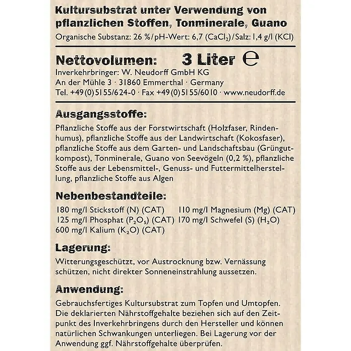 Neudorff NeudoHum Grünpflanzen- & Palmenerde - 3 l, Torffrei - Nahaufnahme der Produktverpackung des Kultursubstrats mit Informationen zu Inhaltsstoffen, Volumen und Herstellerangaben.