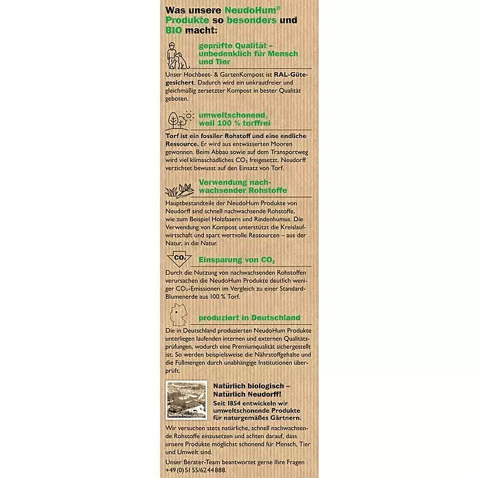 Neudorff NeudoHum Kompost - 40 l - Infografik zu NeudoHum Bio-Produkten: torffrei, umweltschonend, sicher für Mensch & Tier, aus nachwachsenden Rohstoffen, qualitätsgeprüft in Deutschland.