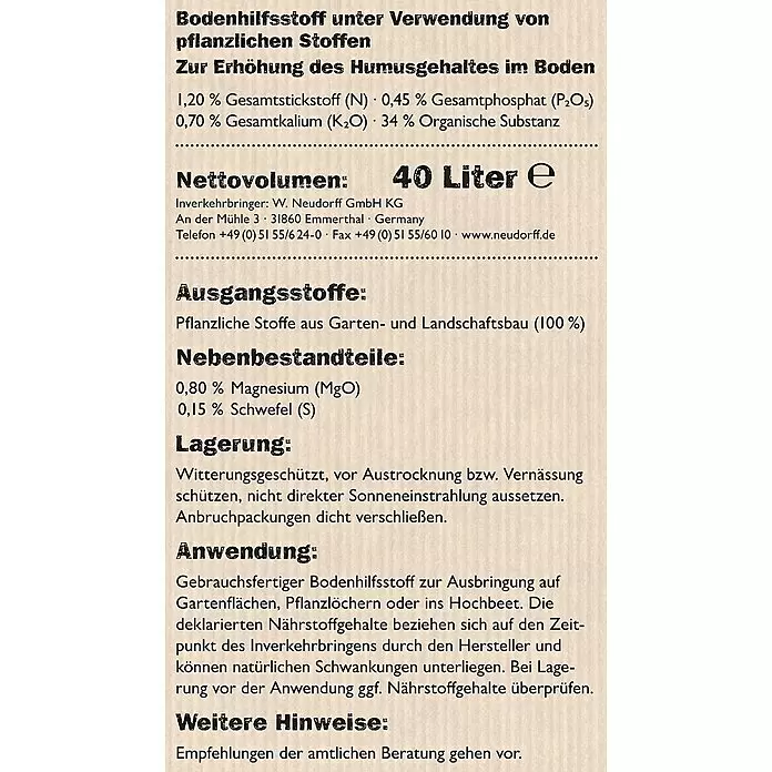 Neudorff NeudoHum Kompost - 40 l - Produktschild für einen 40-Liter-Bodenhilfsstoff zur Humuserhöhung, mit Nährwertangaben.