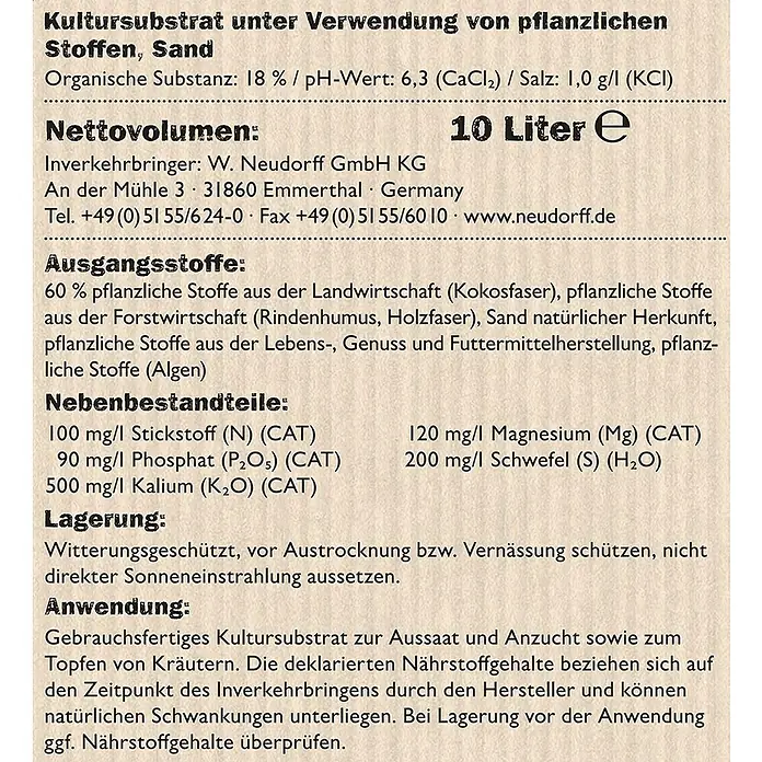 Neudorff NeudoHum Aussaat- & Kräutererde - 10 l, Torffrei - Nährstoffreiches Kultursubstrat für Pflanzen mit pflanzlichen Stoffen, Sand und ausgewogenem pH-Wert, ideal für gesundes Wachstum.