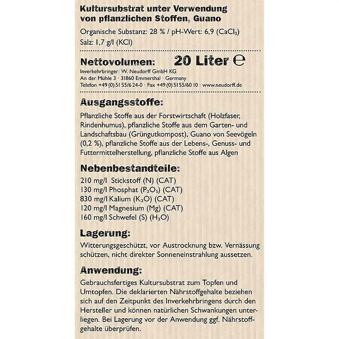 Neudorff NeudoHum Obst- & Beerenerde - 20 l - Abbildung eines Kultursubstrats mit pflanzlichen Stoffen und Guano, mit Angaben zu Inhaltsstoffen, Lagerung und Anwendung.