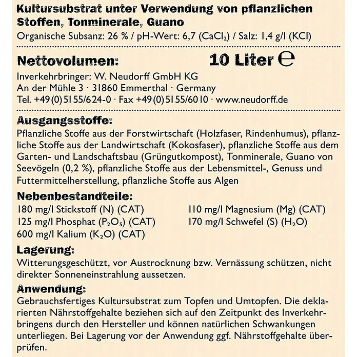 Neudorff NeudoHum Blumenerde - 10 l, Torffrei - Etikett eines Kultursubstrats mit pflanzlichen Stoffen, Tonmineralien und Guano. Nettovolumen: 10 Liter.