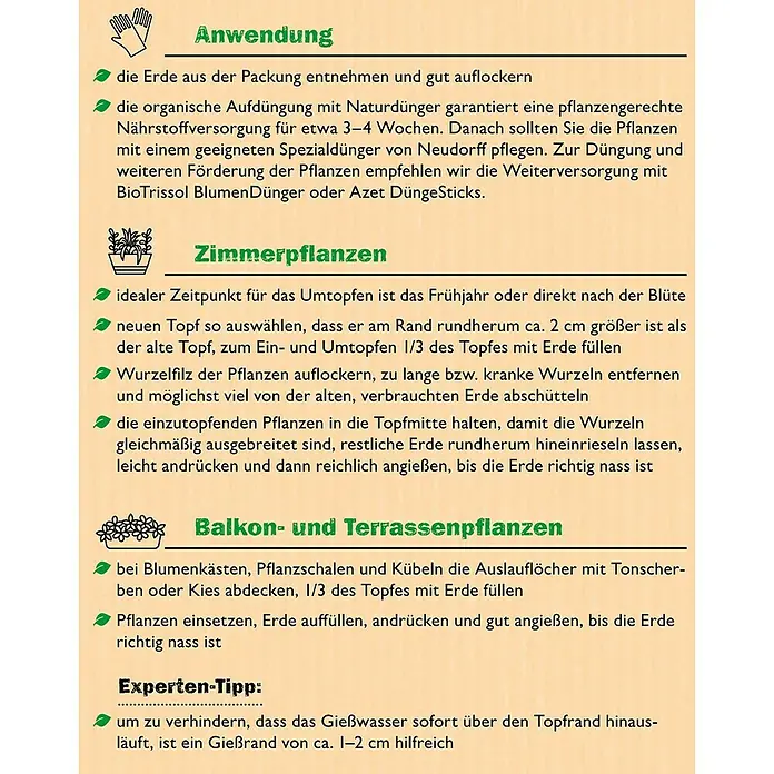 Neudorff NeudoHum Blumenerde - 10 l, Torffrei - Bild mit Anweisungen zum Umtopfen von Zimmer-, Balkon- und Terrassenpflanzen, inklusive Expertentipps zur Bewässerung.