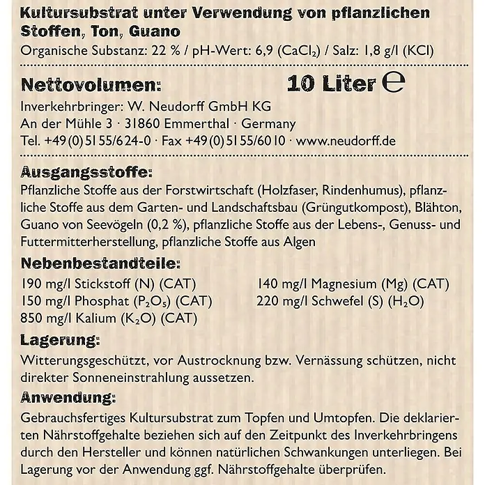 Neudorff NeudoHum Mediterranpflanzenerde - 10 l, Torffrei - Abgebildet ist ein Kultursubstrat mit pflanzlichen Stoffen, Ton und Guano, mit einem Nettovolumen von 10 Litern.