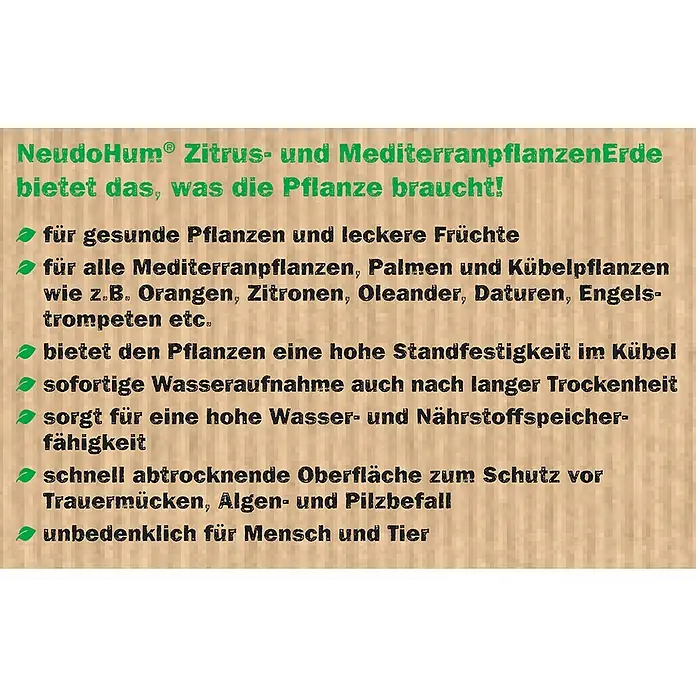 Neudorff NeudoHum Mediterranpflanzenerde - 10 l, Torffrei - NeudoHum® Zitrus- und Mediterranpflanzenerde für gesunde Pflanzen, hohe Standfestigkeit und schnelle Wasseraufnahme.