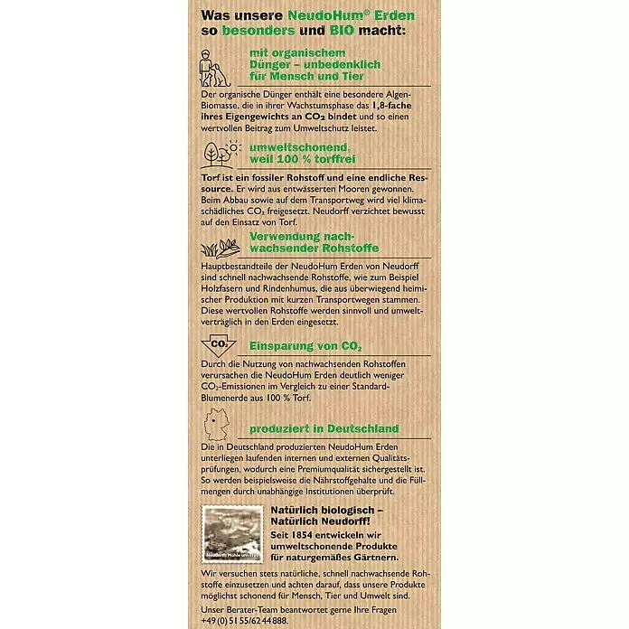 Neudorff NeudoHum Hortensien- & Rhododendronerde - 40 l, Torffrei - Informationsgrafik über NeudoHum® Erden: organisch, 100% torffrei, CO2-sparend, deutsch mit nachwachsenden Rohstoffen. Neudorff-Qualität seit 1854.