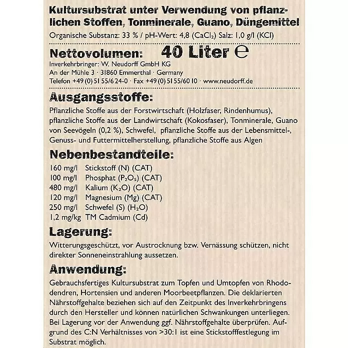 Neudorff NeudoHum Hortensien- & Rhododendronerde - 40 l, Torffrei - Detailliertes Produktetikett für Kultursubstrat mit Inhaltsstoffen, Volumen und Anwendungshinweisen.