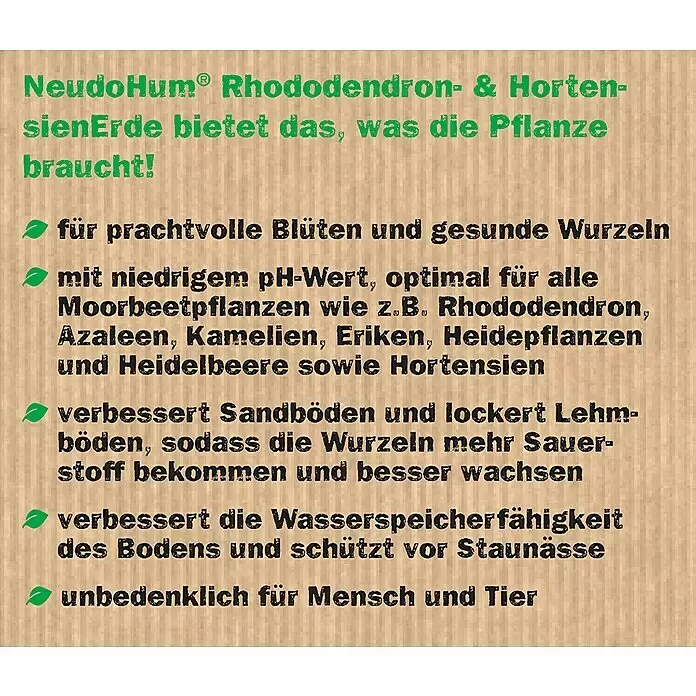 Neudorff NeudoHum Hortensien- & Rhododendronerde - 40 l, Torffrei - Werbetext auf Kartonhintergrund für NeudoHum Rhododendron- & HortensienErde, beschreibt Vorteile für Pflanzen: niedriger pH, bessere Böden, Sicherheit.