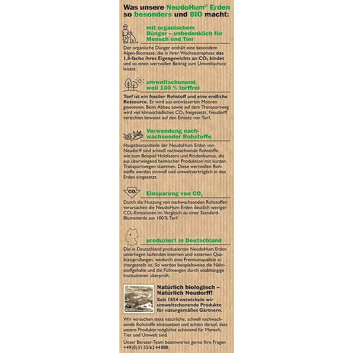 Neudorff NeudoHum Blumenerde - 20 l - Informationen zu NeudoHum® Erden: Bio-Erde mit organischem Dünger, umweltschonend, torffrei und in Deutschland produziert.