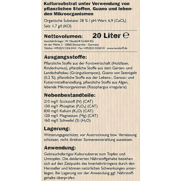 Neudorff NeudoHum Blumenerde - 20 l - Kultursubstrat-Produktetikett.