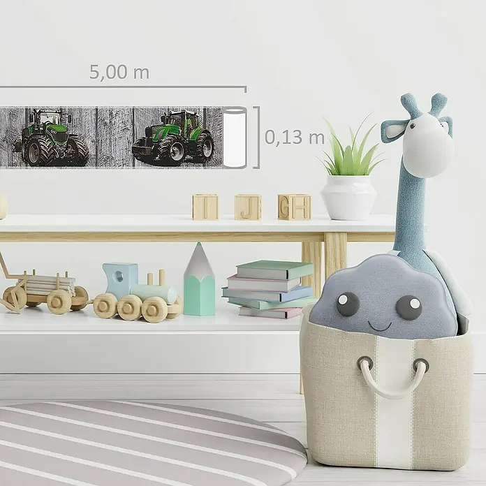 A.S. Création Only Borders 11 Tapetenborte Traktor - Kunststoff, Grau/Grün - Dekorative Wandbordüre mit Traktormotiv, ideal für Kinderzimmer. Die Bordüre ist 5,00 m lang und 0,13 m hoch und verleiht dem Raum eine spielerische Note.