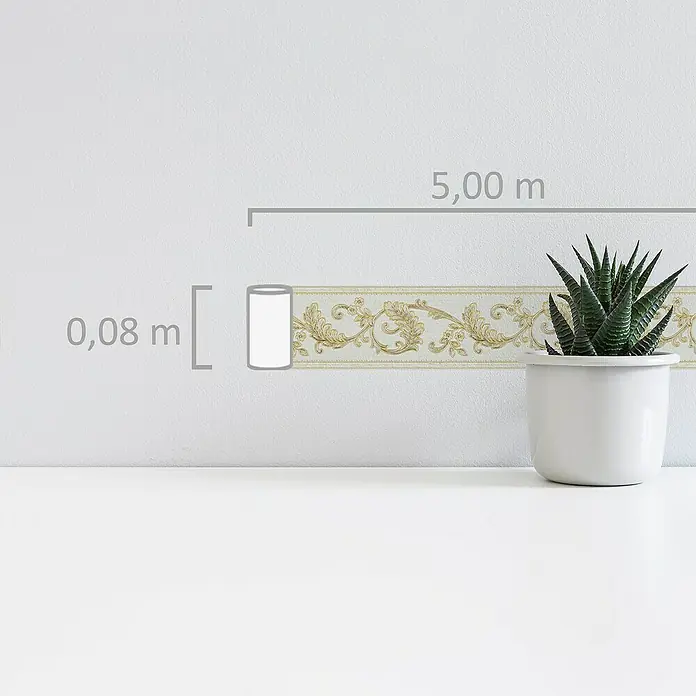 A.S. Création Only Borders 11 Tapetenborte Ornament - Kunststoff, Creme/Gold - Produktbild einer Bordüre mit floralem Muster in Gold und Weiß, Maße 0,08 m x 5,00 m, neben einer Topfpflanze.