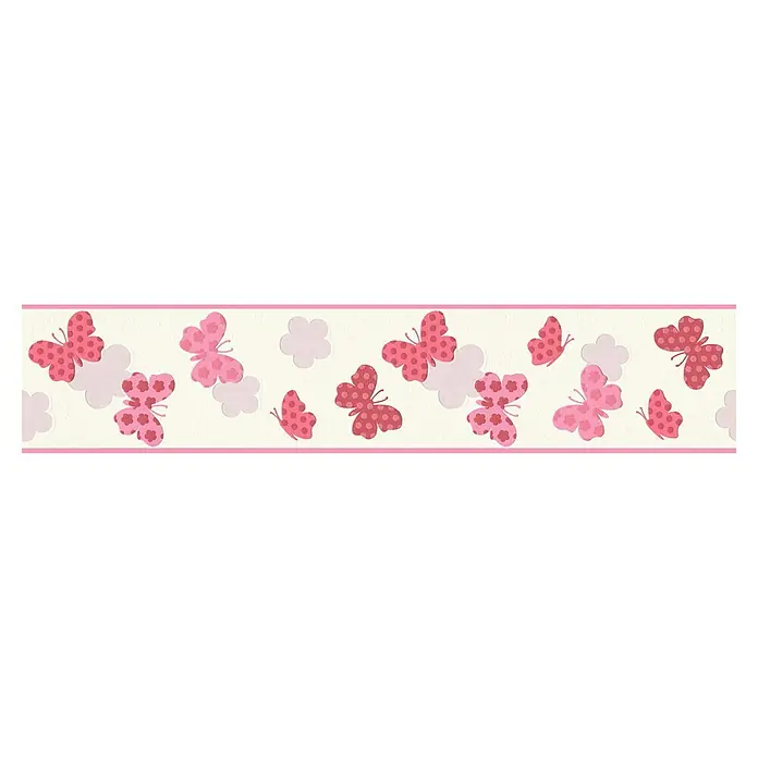 A.S. Création Only Borders 11 Tapetenborte Schmetterlinge - Kunststoff, Rosa - Rosa Schmetterlingstapetenbordüre mit zarten, gepunkteten Schmetterlingen und blassrosa Wolken auf einem cremefarbenen Hintergrund, perfekt für ein Kinderzimmer.
