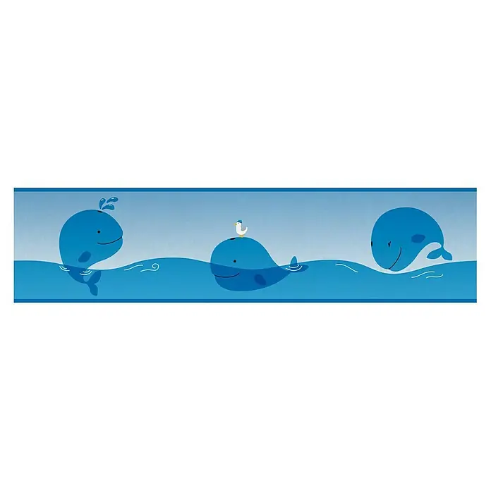 A.S. Création Lovely Kids TapetenborteWal, 5 x 0,15 m, Selbstklebefolie - Abbildung von drei blauen, Cartoon-artigen Walen, von denen einer eine Möwe auf dem Rücken hat, in einer blauen Wasserlandschaft.