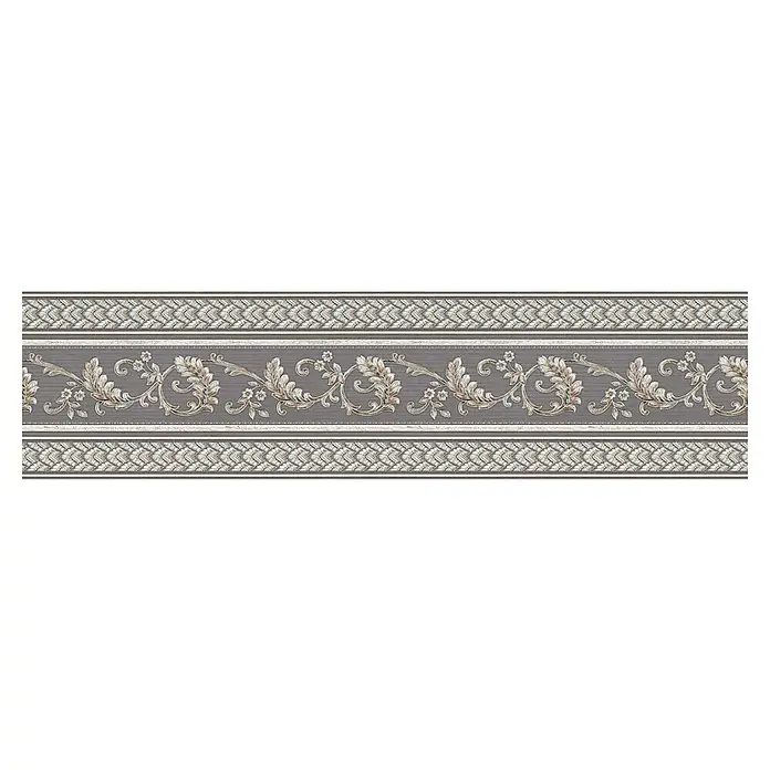 A.S. Création Only Borders 11 Tapetenborte Ornament - L x B: 5 m x 17 cm, Kunststoff, Graphit/Silber - Abbildung einer Bordüre mit einem filigranen, floralen Muster auf grauem Grund, umrandet von dekorativen Borten, ideal für stilvolle Raumgestaltung.