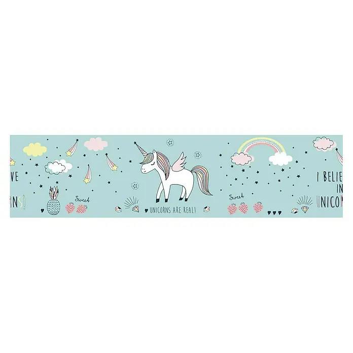 A.S. Création Lovely Kids Tapetenborte - Kunststoff, Einhorn - Bild mit Einhorn-Motiv, zeigt ein weißes Einhorn, Sterne, Regenbogen und Schriftzüge wie "Unicorns are real!".