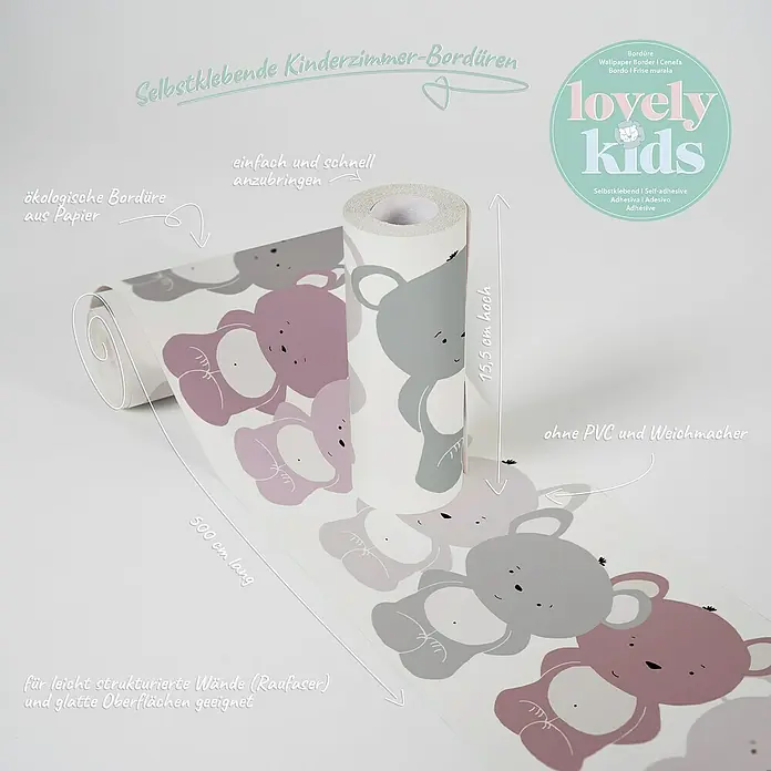A.S. Création Lovely Kids Tapetenborte - Kunststoff, Bärchen Rosa-Grau - Selbstklebende Kinderzimmer-Bordüre mit niedlichen Bärenmotiven in Rosa- und Grautönen, 500 cm lang und 15,5 cm hoch, für eine kinderfreundliche Wandgestaltung.