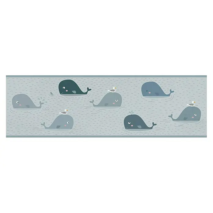 A.S. Création Lovely Kids Tapetenborte - Kunststoff, Wale - Niedliche Wal-Illustration mit Möwen auf hellblauem Hintergrund. Ideal für Kinderzimmer oder maritime Dekoration.