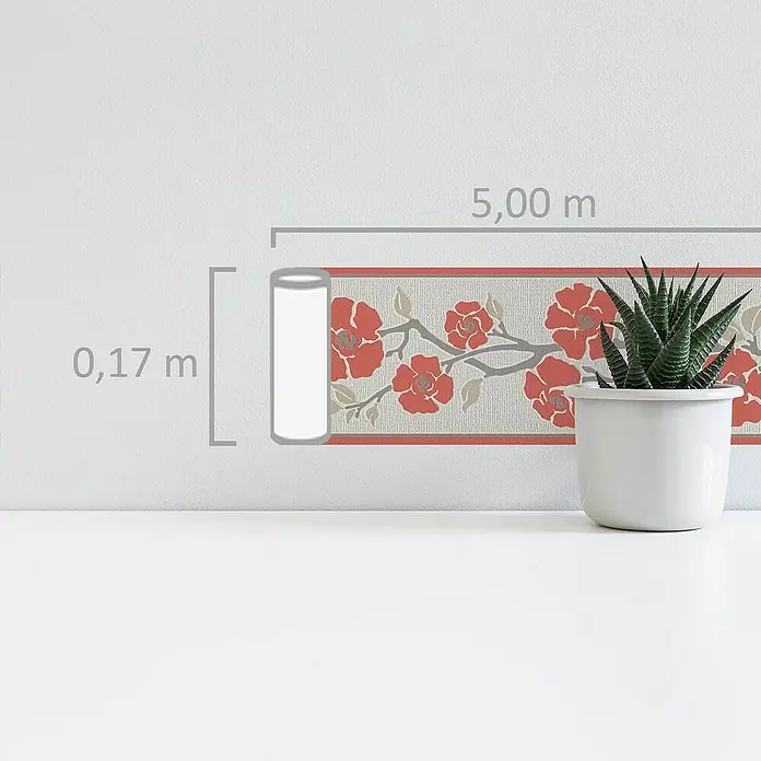 A.S. Création Only Borders 11 Tapetenborte Ranke - Kunststoff, Rot/Weiß/Grau - Produktbild einer stilvollen Bordüre mit floralem Muster, ideal für eine elegante Wandgestaltung.