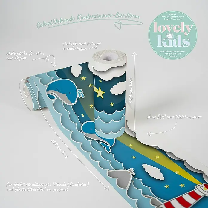 A.S. Création Lovely Kids Tapetenborte - Kunststoff, Wale mit Sternen - Selbstklebende Kinderzimmer-Bordüre mit Walen, Leuchtturm und Sternen. Die Bordüre ist 500 cm lang und 15,5 cm hoch und ist leicht anzubringen.