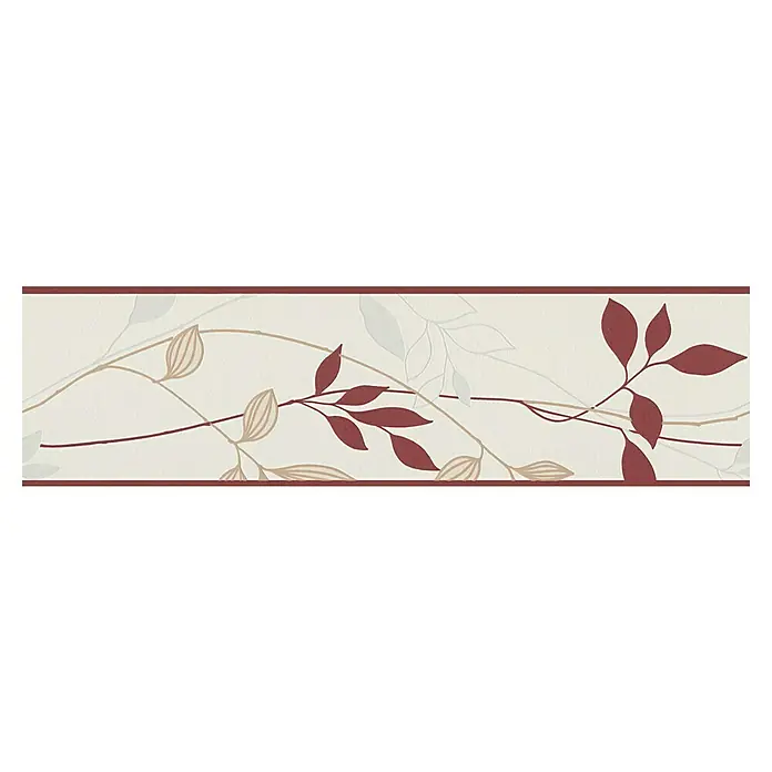A.S. Création Only Borders 11 Tapetenborte Blattranke - Kunststoff, Creme/Rot - Nahaufnahme einer floralen Bordüre mit Blättern in Rot-, Beige- und Grautönen auf beigem Grund, umrahmt von roten Linien.