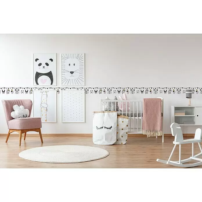 A.S. Création Lovely Kids Tapetenborte - Kunststoff, Fabeltiere - Dekorative Wandbordüre mit schwarz-pinken Wimpeln und niedlichen Illustrationen von Pandas, Lamas und Einhörnern.