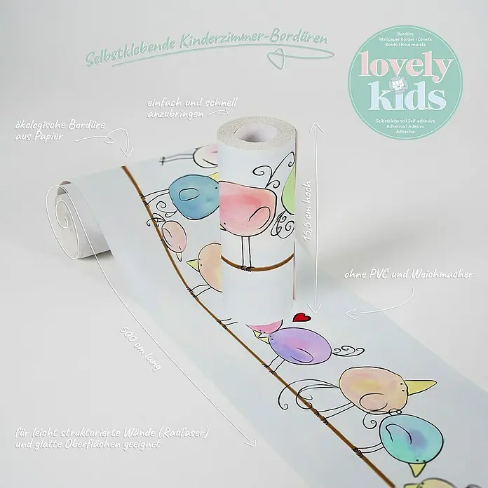 A.S. Création Lovely Kids Tapetenborte - Kunststoff, Vögel - Selbstklebende Kinderzimmer-Bordüre mit fröhlichen Vögeln auf einer Leine. Die Bordüre ist 500 cm lang und 15,5 cm hoch und aus Papier.
