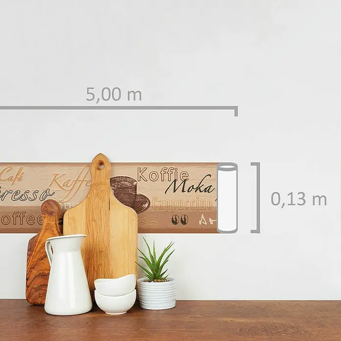 A.S. Création Only Borders 11 Tapetenborte - Kunststoff, Cappuccino - Küchenrückwand mit Kaffee-Motiven, verziert mit Schneidebrettern, Kaffeekanne, Schälchen und Topfpflanze. Dekorative Küchengestaltung.