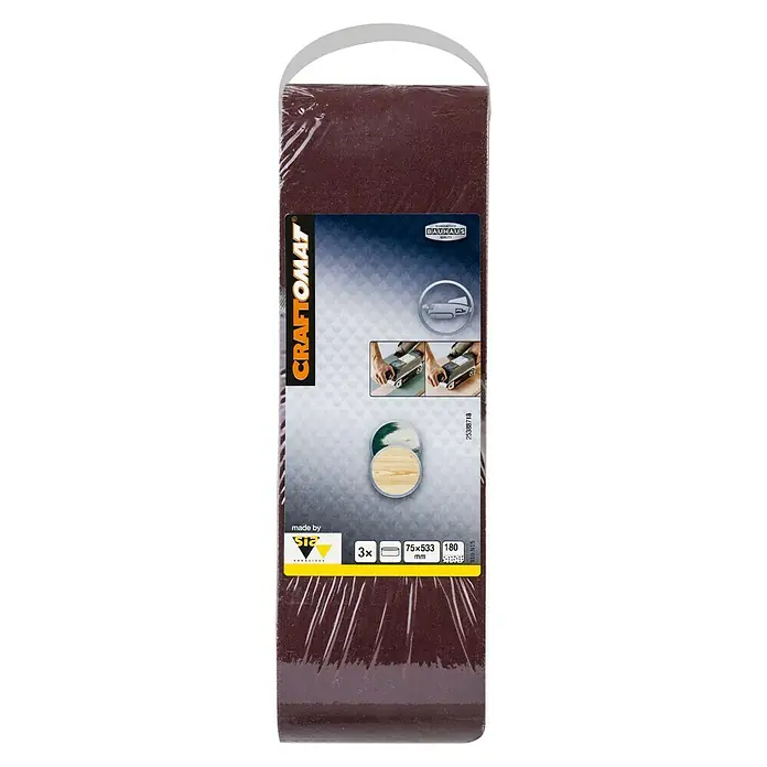 Craftomat Lija de banda - L x An: 533 x 75 mm, Grano: 180, 3 ud. - Imagen de papel de lija CRAFTOMAT, ideal para lijadoras de banda. El paquete contiene 3 cintas de lija con un grano de 180.