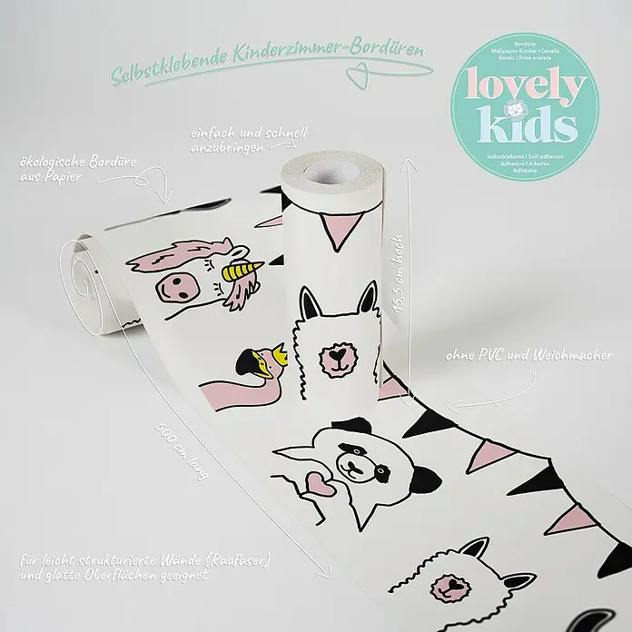 A.S. Création Lovely Kids Tapetenborte - Kunststoff, Fabeltiere - Foto einer selbstklebenden Kinderzimmerbordüre mit Tiermotiven und Angaben zu Länge und Höhe.