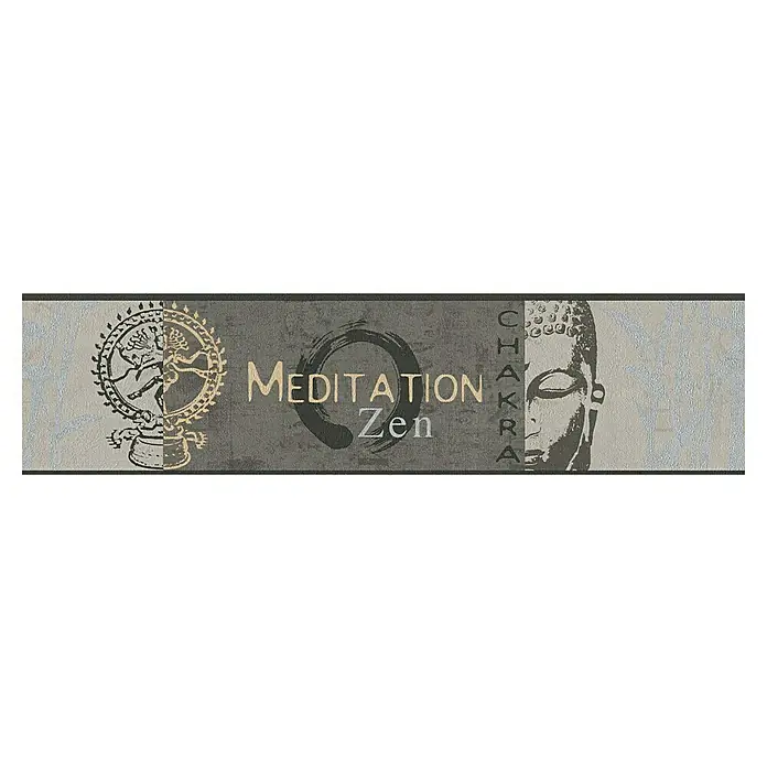 A.S. Création Only Borders 11 Tapetenborte Asiamotiv - Kunststoff, Grau - Ein spirituelles Bild mit Symbolen für Meditation, Zen und Chakren, die Ruhe und Ausgeglichenheit vermitteln.
