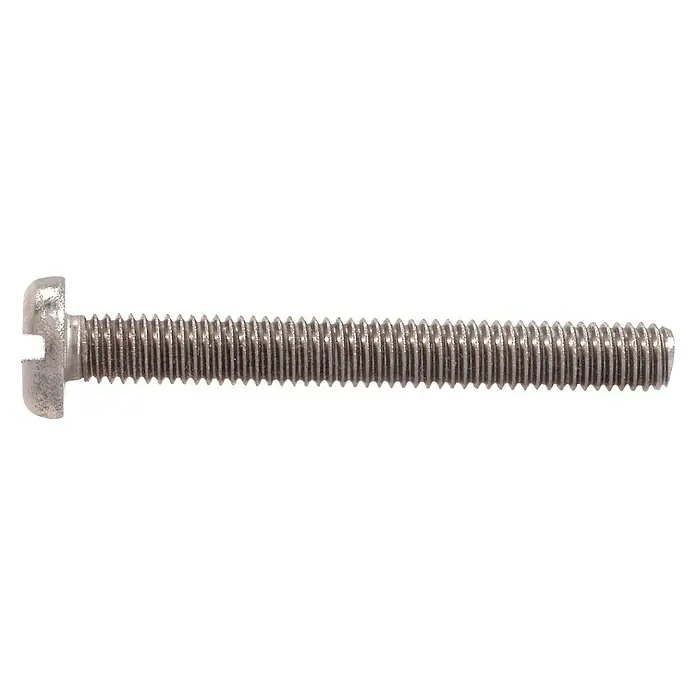 Marinetech Gewindeschraube - Ø x L: 6 x 20 mm, Edelstahl, A4, Flachkopf, Schlitz - Detailaufnahme einer Schlitzschraube aus Metall, die sich ideal für präzise Montagearbeiten eignet.