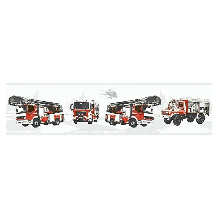 A.S. Création Only Borders 11 Tapetenborte Feuerwehr - Rot, 5 x 0,13 m, Vlies - Ein detailliertes Bild von mehreren roten Feuerwehrwagen und einem Hubschrauber vor einer städtischen Silhouette, ideal für Feuerwehrenthusiasten.