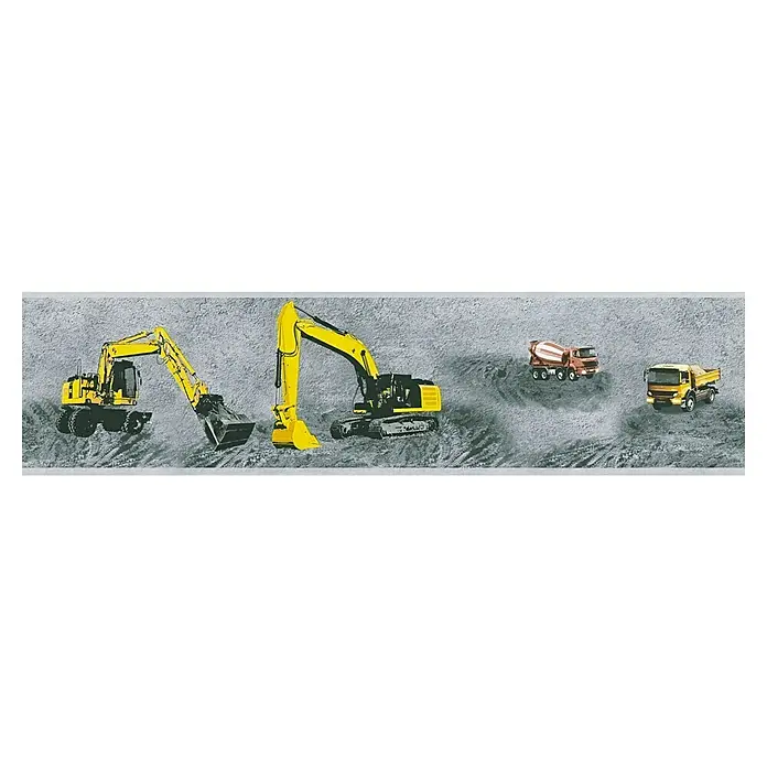 A.S. Création Only Borders 11 Tapetenborte Bagger - Kunststoff, Grau - Ein Banner mit Bauausrüstung, darunter Bagger, Betonmischer und Muldenkipper. Ideal für Bau- oder Ingenieurprojekte.
