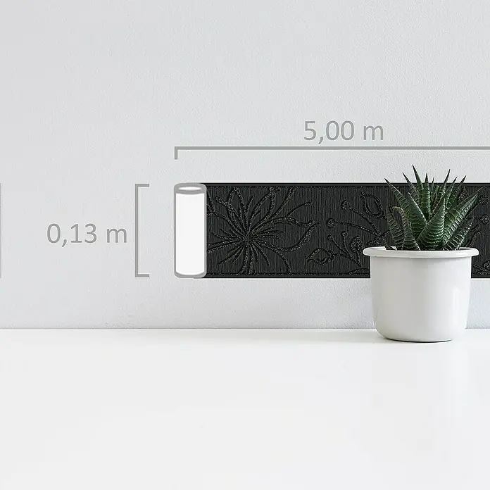A.S. Création Only Borders 11 Tapetenborte Blume - Schwarz, 5 x 0,13 m, Selbstklebefolie - Nahaufnahme einer schwarzen Bordüre mit floralem Muster und Größenangaben, ideal für stilvolle Raumgestaltung.