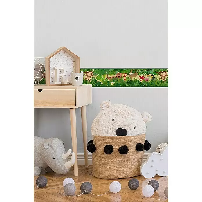 A.S. Création Only Borders 11 Tapetenborte - Kunststoff, Dschungel - Dschungel-Wandbordüre mit Cartoon-Tieren (Affe, Tiger, Faultier) in einem Kinderzimmer, als verspielter Akzent.