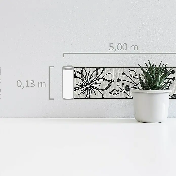A.S. Création Only Borders 11 Tapetenborte Blume - Schwarz/Weiß, 5 x 0,13 m, Selbstklebefolie - Ein elegantes Bordürenmuster mit floralen Elementen in Schwarz und Weiß. Die Bordüre misst 5,00 m in der Länge und 0,13 m in der Höhe.