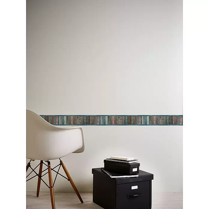A.S. Création Only Borders 11 Tapetenborte Bretter - Kunststoff, Braun/Blau - Dekorative Tapetenbordüre mit verwittertem, mehrfarbigem Holzplankendesign.