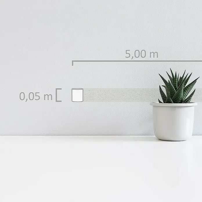 A.S. Création Only Borders 11 Tapetenborte Streifen - Kunststoff, Weiß/Grau - Das Bild zeigt eine Zimmerpflanze im weißen Topf auf einer weißen Oberfläche, mit Maßangaben zur Orientierung, die die Größe des Produkts verdeutlichen.