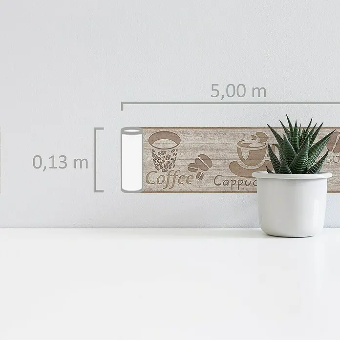 A.S. Création Only Borders 11 Tapetenborte - Kunststoff, Cappuccino - Wandbordüre mit Kaffeemotiven in Braun und Messangaben, die eine stilvolle und einfache Dekoration für Kaffeeliebhaber bietet.