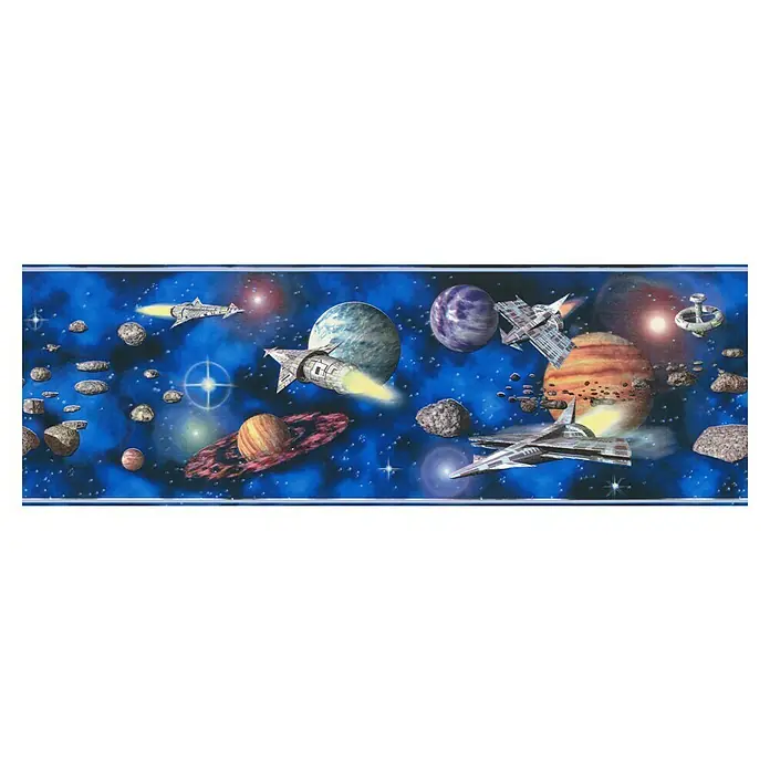 A.S. Création Only Borders 11 Tapetenborte Weltall - Kunststoff, Blau - Buntes Bild von Weltraumtapeten mit Raumschiffen, Planeten und Asteroiden vor einem sternenklaren Nachthimmel.